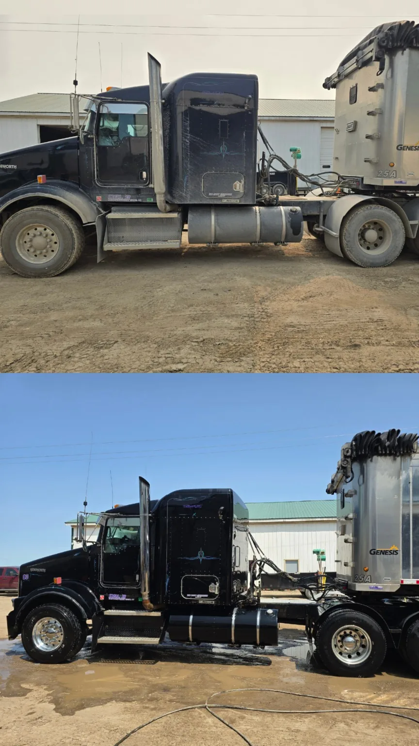 Semi truck before and after washing